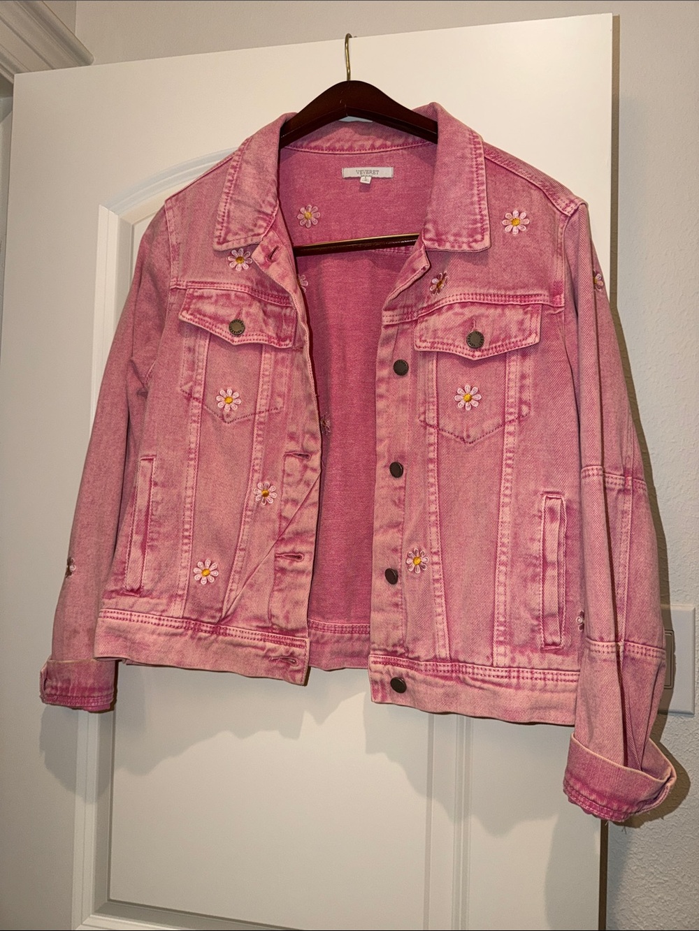Pink Daisy Embroidered Denim Jacket - Women's Jean Jacket